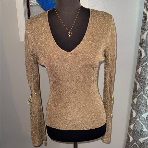 Naf Naf Y2K Gold Metallic Knit V Neck Bell Sleeve Top SZ Medium - Picture 1 of 9